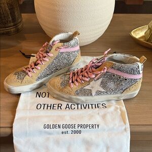 Golden Goose Silver Glitter Sneakers with Pink Laces